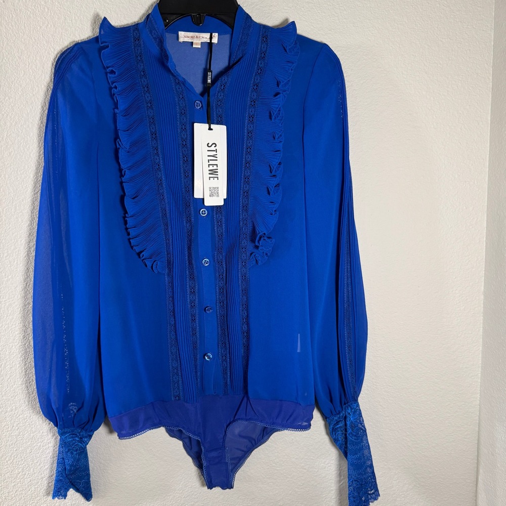Jade & Cloud Blue Silk Blend Victorian Ruffle Lace Bodysuit Blouse Large NEW